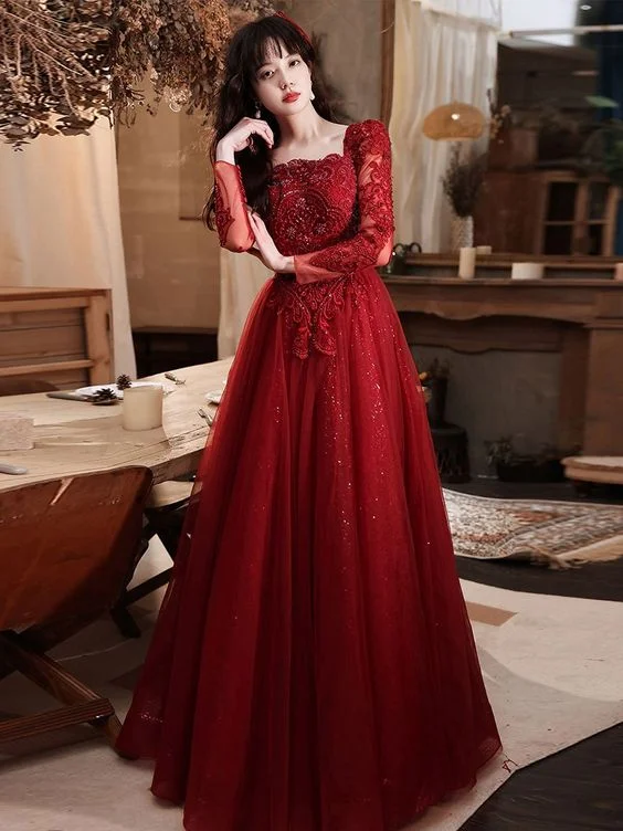 Don’t Wait – Deals Won’t Last!Burgundy tulle lace long prom dress, burgundy bridesmaid dress   cg15977