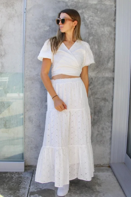 Enjoy Huge Discounts Now!California White Embroidery Anglaise Shirred Waist Tiered Maxi Skirt