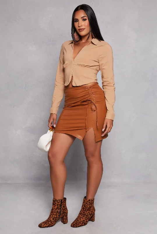One Click Away from Big Savings!Faux Leather Ruched Side Slit Pencil Skirt