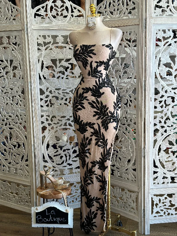 Grab Yours Before It’s Too Late!Cami Leaf Patter Sequin Maxi Dress- Stretchy, Estira