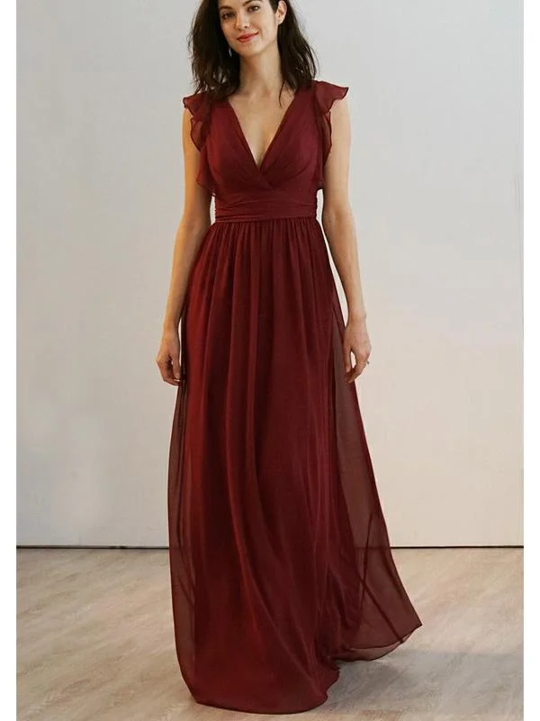 Every Deal is a Steal!Cap Sleeves V-neck Long A-line Chiffon Bridesmaid Dresses