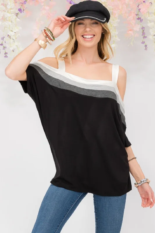 Shop Before It’s Gone!Celeste Full Size Striped Cold Shoulder Top