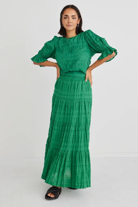 Save Money, Shop Happy!Charming Palm Green Shirred Cotton Tiered Maxi Skirt