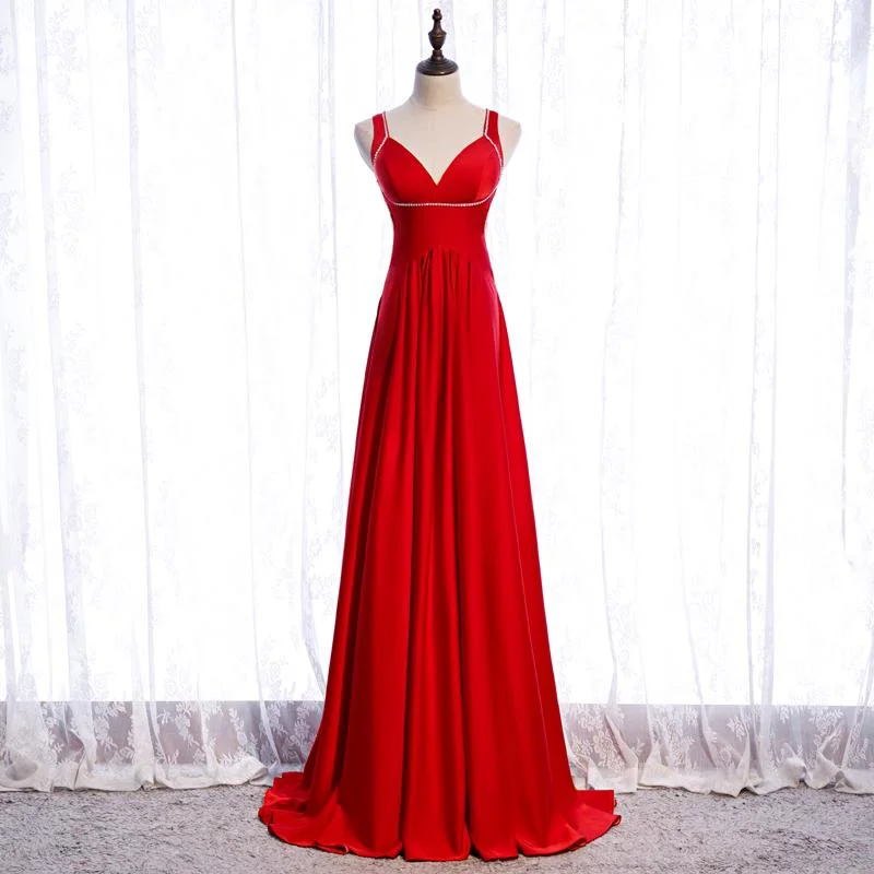 Limited Edition, Limited Price!Chic Red Satin Beaded Floor Length Long Party Dress, Red Formal Dress 2021 Prom Dresses Bridesmaid Dress   cg16389
