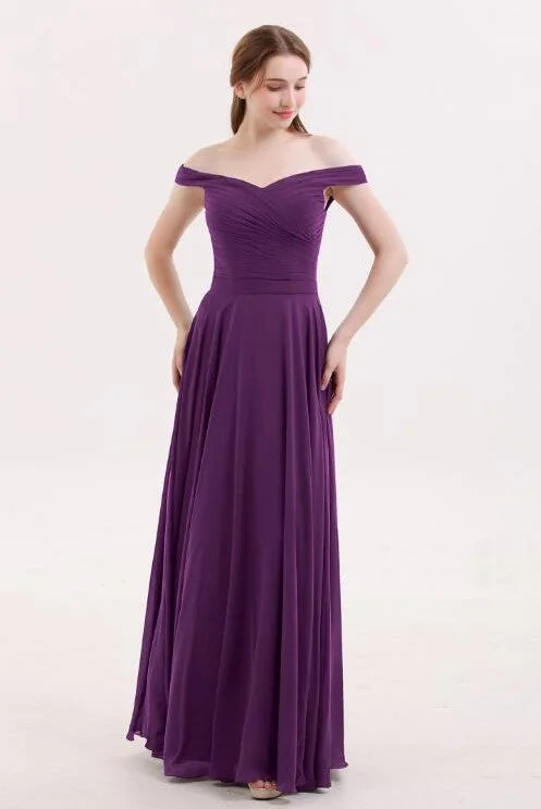 The Sale You’ve Been Waiting For!Chiffon Long Grape Bridesmaid Dresses with Off-the-shoulder