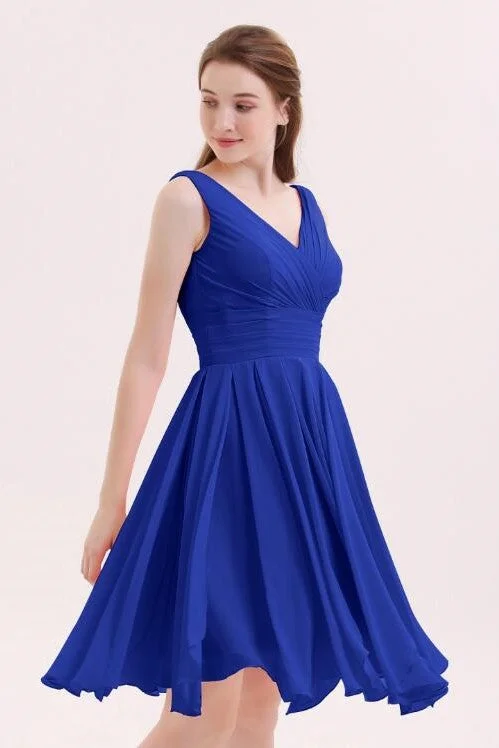 Your Favorite Items on Sale Now!Chiffon Royal Blue Bridesmaid Short Dresses with V-neckline