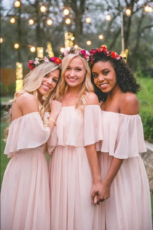 Huge Savings – Act Now!Colorful Chiffon Bridesmaid Dress with Flowy Off-the-shoulder