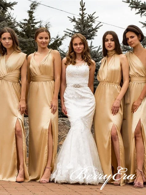 Buy More, Pay Less!Convertible Long Sheath Gold Elastic Satin Bridesmaid Dresses, Long Bridesmaid Dresses, Bridesmaid Dresses