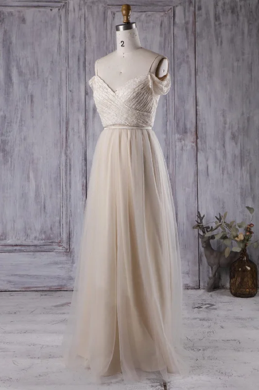 Snag the Best Prices Now!Cream Lace and Tulle Bridesmaid Gowns with Off-the-shoulder