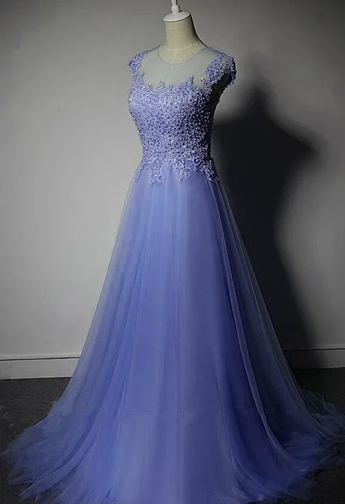 Amazing Prices You Can’t Resist!Cute Purple Tulle A-Line Bridesmaid Dress, Lace Applique Prom Dress  cg9578