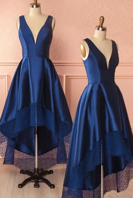 New Discounts Just Dropped!Dark blue v neck high low prom dress, dark blue bridesmaid dress  cg7129