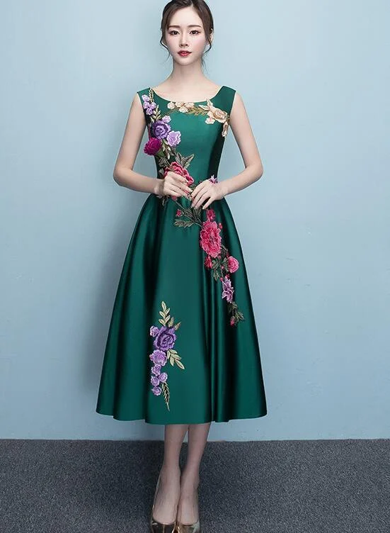 Your Wallet Will Thank You!Dark Green Tea Length Bridesmaid Dress, Green Satin Prom Dress   cg12523