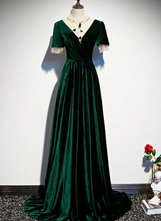Best Price of the Season!Dark Green Velvet Short Sleeves A-Line Bridesmaid Dress, Long Prom Dress Evening Dress   cg20089