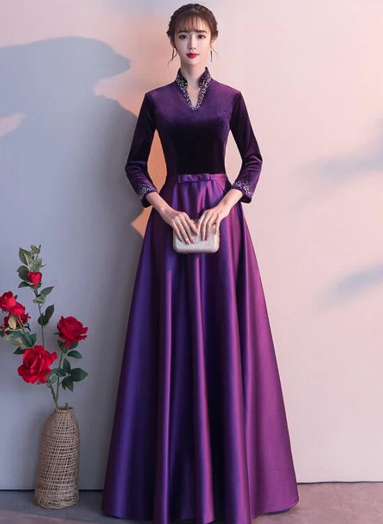 Don’t Wait – Deals Won’t Last!Dark Purple Satin Long Sleeves Beaded Velvet Bridesmaid Dress, Purple Formal prom Dress   cg20522