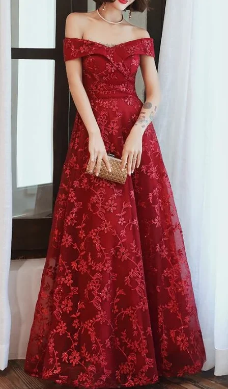 Shop Before It’s Gone!Dark Red Lace Off Shoulder Bridesmaid Dress, Long Prom Dress  cg7803