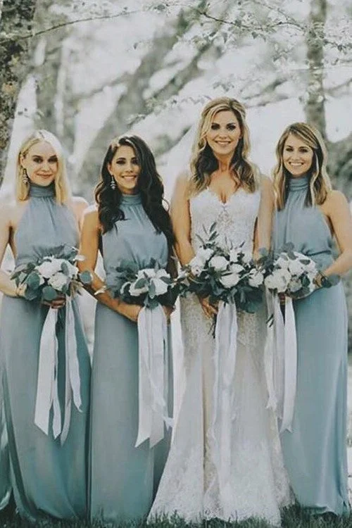 Your Best Deals Are Here!Dusty Blue Chiffon Bridesmaid Dresses with Halter Neckline