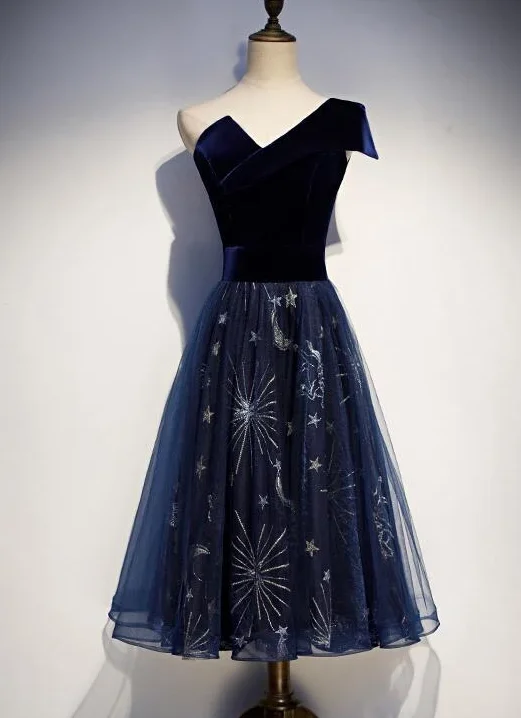 Shop Today, Save Tomorrow!Elegant Navy Blue One Shoulder Bridesmaid Dress, Blue Wedding Party Dresses Prom Dress   cg15009