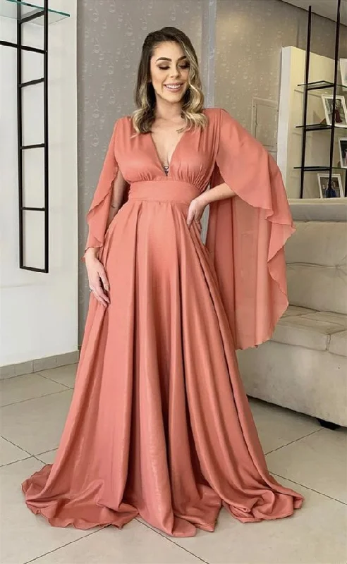 Get Ready to Save!Elegant Puffy Sleeves Bridesmaid Dresses Long Chiffon V Neck Formal Gown With Popular Terracotta Colors Prom Dresses    cg18877