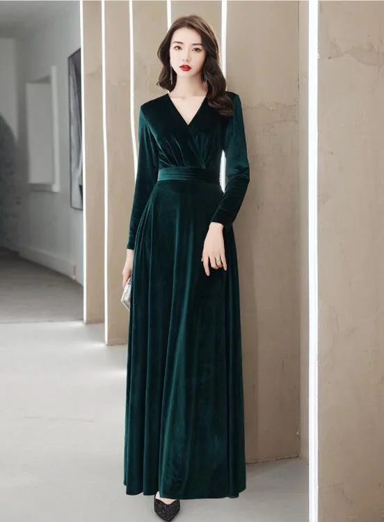 Score Big Savings Today!Elegant Velvet Long Sleeves V-Neckline Prom Dress. Velvet Bridesmaid Dress Party Dress    cg21074