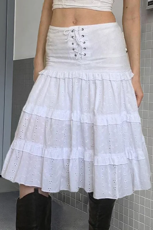 Get Ready to Save!Eyelet Strap A-Line Tiered Long Skirt