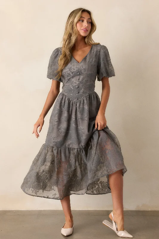 Amazing Prices You Can’t Resist!Faded Blossoms Grey Floral Puff Sleeve Midi Dress