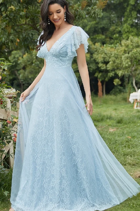 Exclusive Savings This Week!Full Lace Tulle Wedding Guest Dresses with Short Sleeves