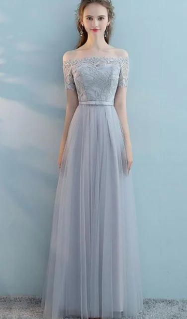Save More When You Shop More!Gray tulle lace long prom dress, gray tulle bridesmaid dress  cg2668