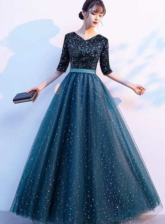 Score Huge Discounts Today!Green Sequins And Tulle Short Sleeves Long Bridesmaid Dress, Green A-Line Wedding Party Dress A line prom dress    cg20332