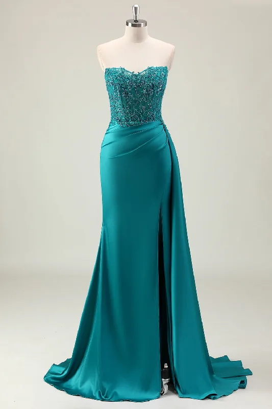 Save Like Never Before!Green Sheath Sweetheart Corset Beaded Long Prom Dress with Appliqued Lace