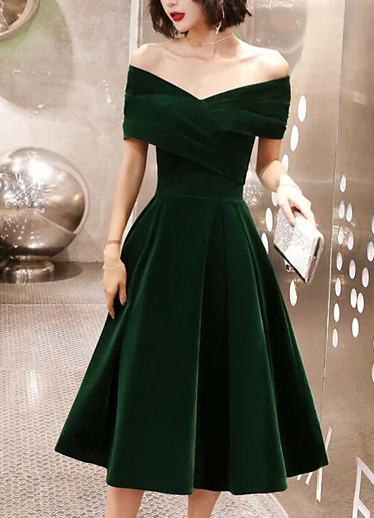 Only a Few Left – Order Now!Green Tea Length Velvet Off Shoulder Party Dress, Green Bridesmaid Dress prom dress evening dress   cg13073