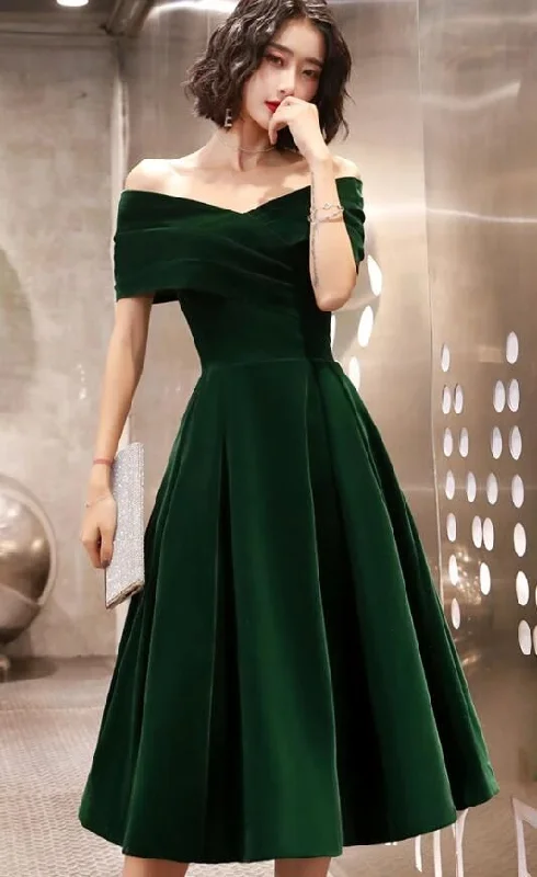 Shop More, Spend Less!Green Velvet Off Shoulder Vintage Style Bridesmaid Dress, Tea Length Party Dress Prom Dress   cg18383