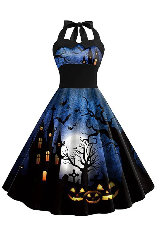 Savings You Can’t Ignore!Halloween Printed Halter Blue Vintage Dress