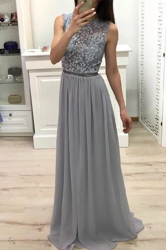 Hurry! While Supplies Last!High Neck Chiffon Long Prom Dress Lace Top Grey Bridesmaid Dress  cg4316