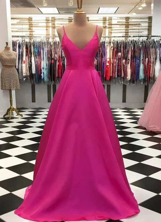 The Best Deals Won’t Wait!Hot Pink Satin V Neck Simple Long Prom Dress, Bridesmaid Dress  cg9171