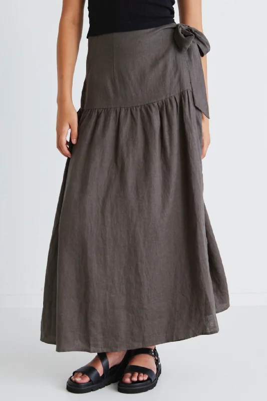 Your Shopping Wish, Our Discount Command!Impact Dark Olive Linen Tiered Wrap Maxi Skirt