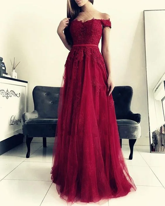 Get More, Spend Less – Shop Now!Lace Appliques Off Shoulder Tulle Bridesmaid Dresses Long prom Dresses    cg16253