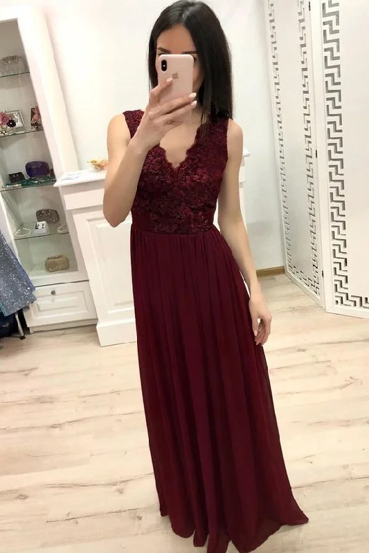 Only a Few Left – Order Now!Lace Chiffon Long Prom Dress V-neck Burgundy Bridesmaid Dresses cg2220