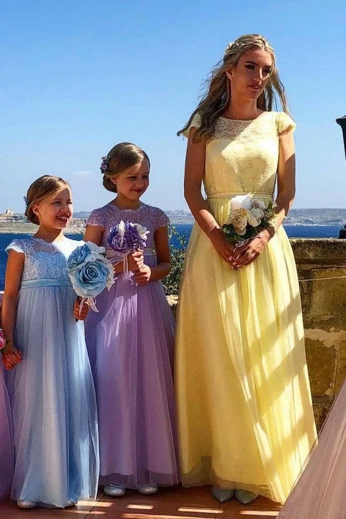 The Best Offers Are Here!Lace Sleeves Yellow Bridesmaid Dresses with Tulle Skirt