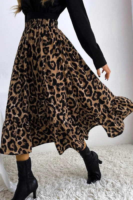 Limited Time Offer!Leopard Print Hem Pleated High Waist Skirt