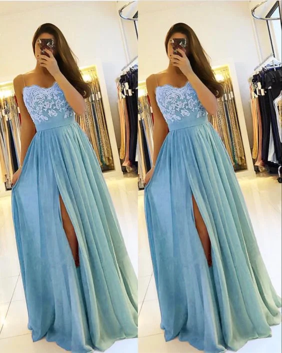 The Best Deals Won’t Wait!light blue bridesmaid dresses chiffon split evening gown lace appliques Prom Gown   cg16741
