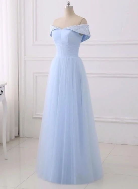 Get More for Less!Light Blue Simple Bridesmaid Dresses, Off Shoulder Party Dress, Simple Tulle Junior Prom Dress, cg4012