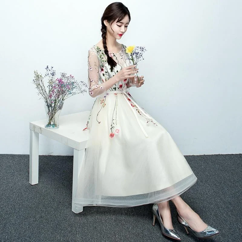 Your Favorite Items on Sale Now!Light Champagne Tea Length Floral Lace Formal Dress Bridesmaid Dress, Cute Short Party Dresses prom dress, evening dress    cg23602