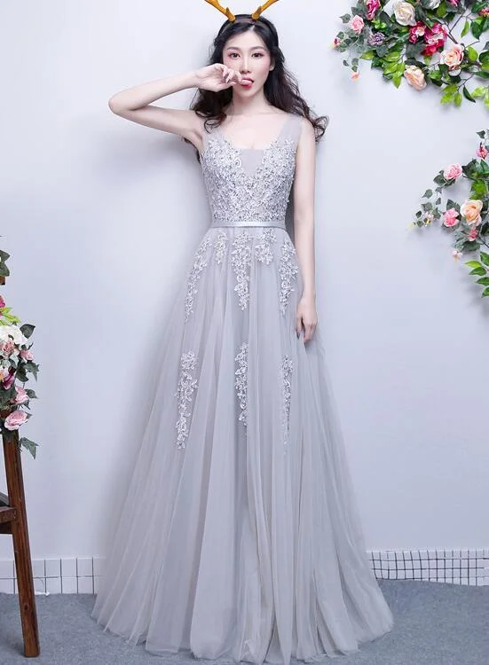 Hot Deals You Can’t Resist!Light Grey Lace Appique Long V-Neckline Party Dress, A-Line Tulle Prom Dress Bridesmaid Dress   cg13926