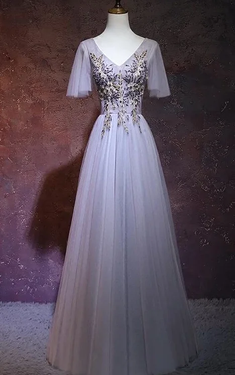 Huge Savings – Act Now!Light Grey Tulle Long V-Neckline Party prom Dress, Tulle Bridesmaid Dress   cg12004