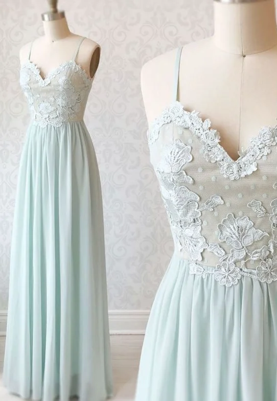 Every Deal is a Steal!Light Mint Chiffon Simple Spaghetti Straps Prom Dress, Bridesmaid Dress With Applique  cg7432