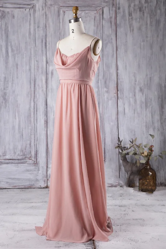 Limited Stock Available!Long Chiffon Coral Bridesmaid Dresses with Draped Neckline
