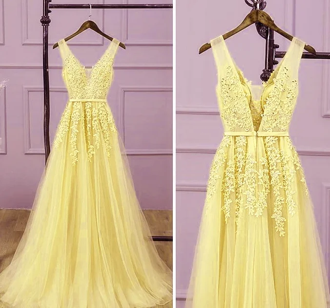 Today Only – Don’t Miss It!Long V-Neckline Lace Applique And Tulle Bridesmaid Dress, Yellow Prom Dress Party Dress   cg10386