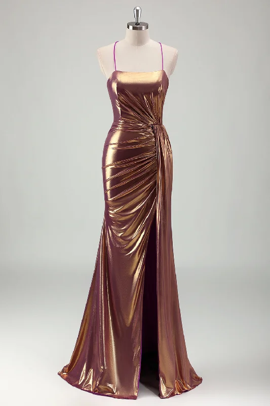 Don’t Wait – Deals Won’t Last!Metallic Gold Mermaid Spaghetti Straps Ruched Long Prom Dress with Slit