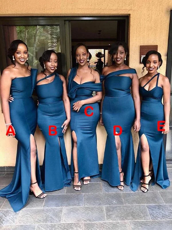 Huge Savings – Act Now!Mismatched Navy Blue Mermaid Unique New Satin Plus Size Modest Long Formal Bridesmaid Dresses BD203