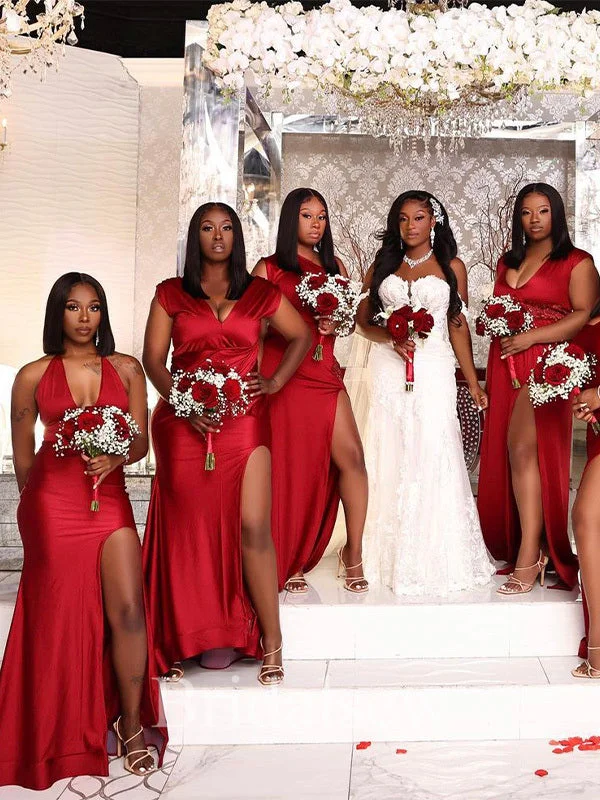 Limited Time Offer!Mismatched Red Mermaid Elegant Long Formal Bridesmaid Dresses, Wedding Guest Dress BD164